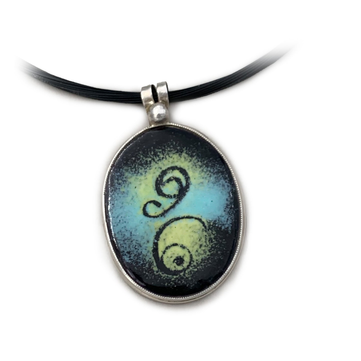 Sterling Silver Numerology Six Enamel Oval Bezel  Pendant Necklace