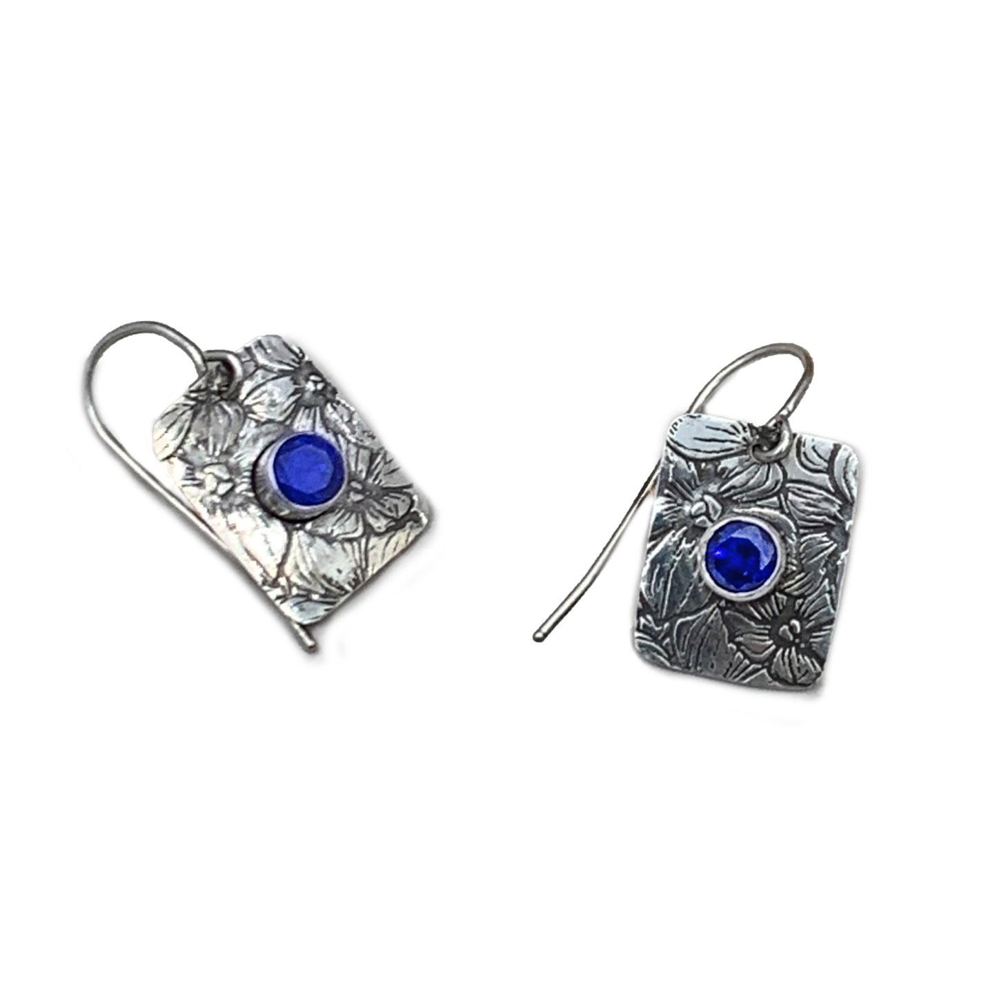 Floral Pattern Sterling Silver Earrings with 5mm Sapphire Blue CZ