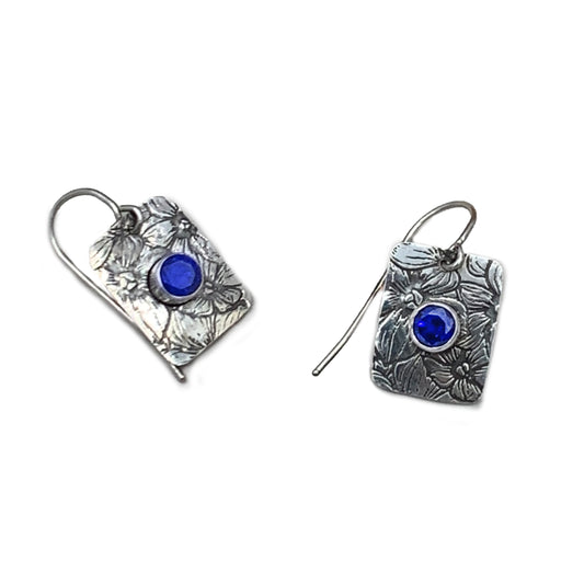 Floral Pattern Sterling Silver Earrings with 5mm Sapphire Blue CZ