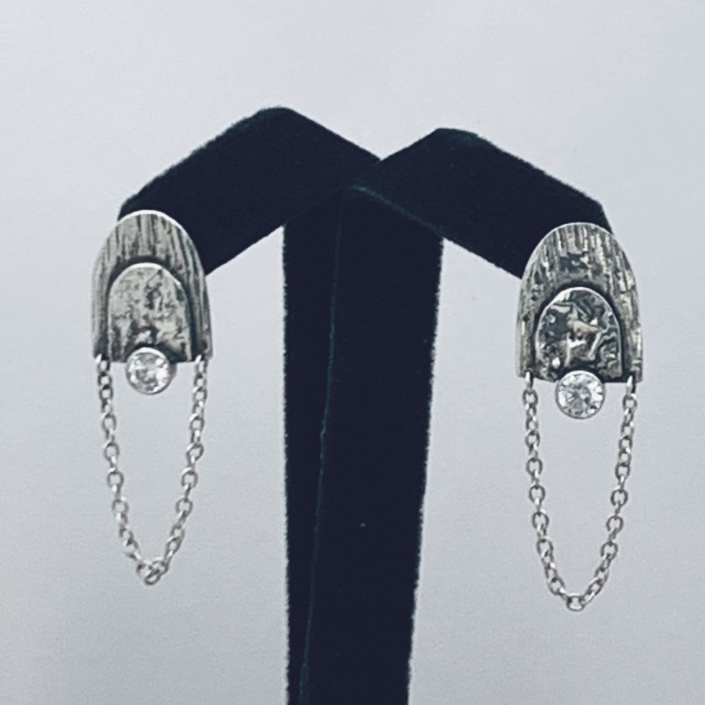 Boho Style Organic Textured  Sterling Silver and CZ Earrings