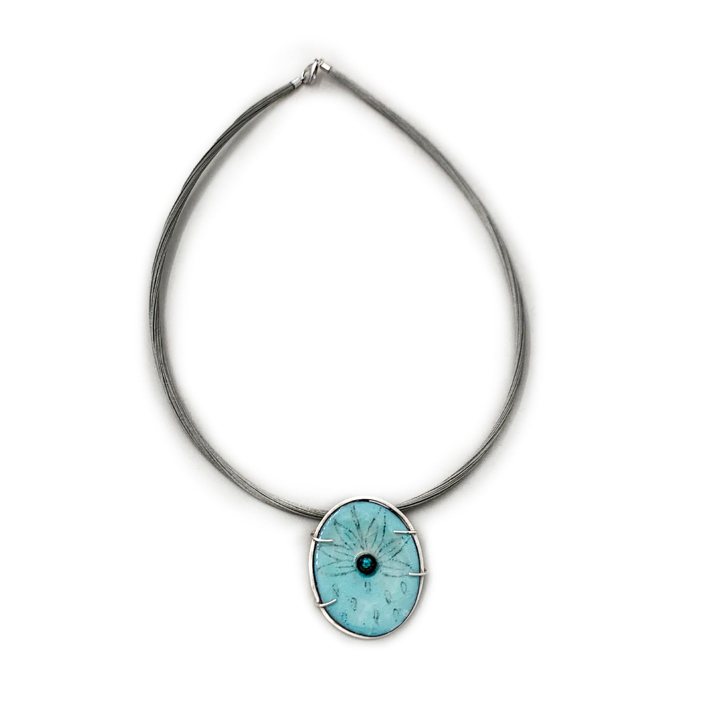 Sterling Silver and Light Blue Enamel Flower Pendant Necklace with Lab Opal Cabochon