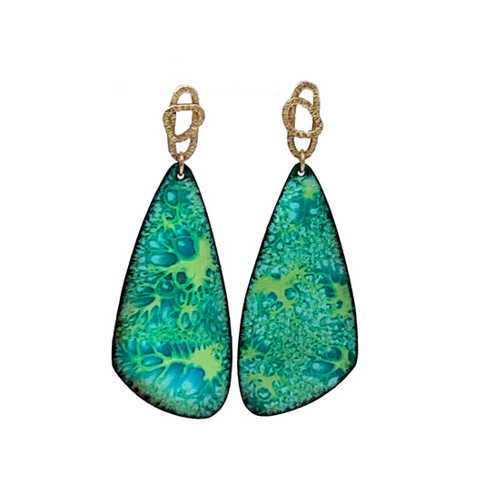 Gold filled Stud & Green Starburst Drop Earrings – Handcrafted Enamel on Copper