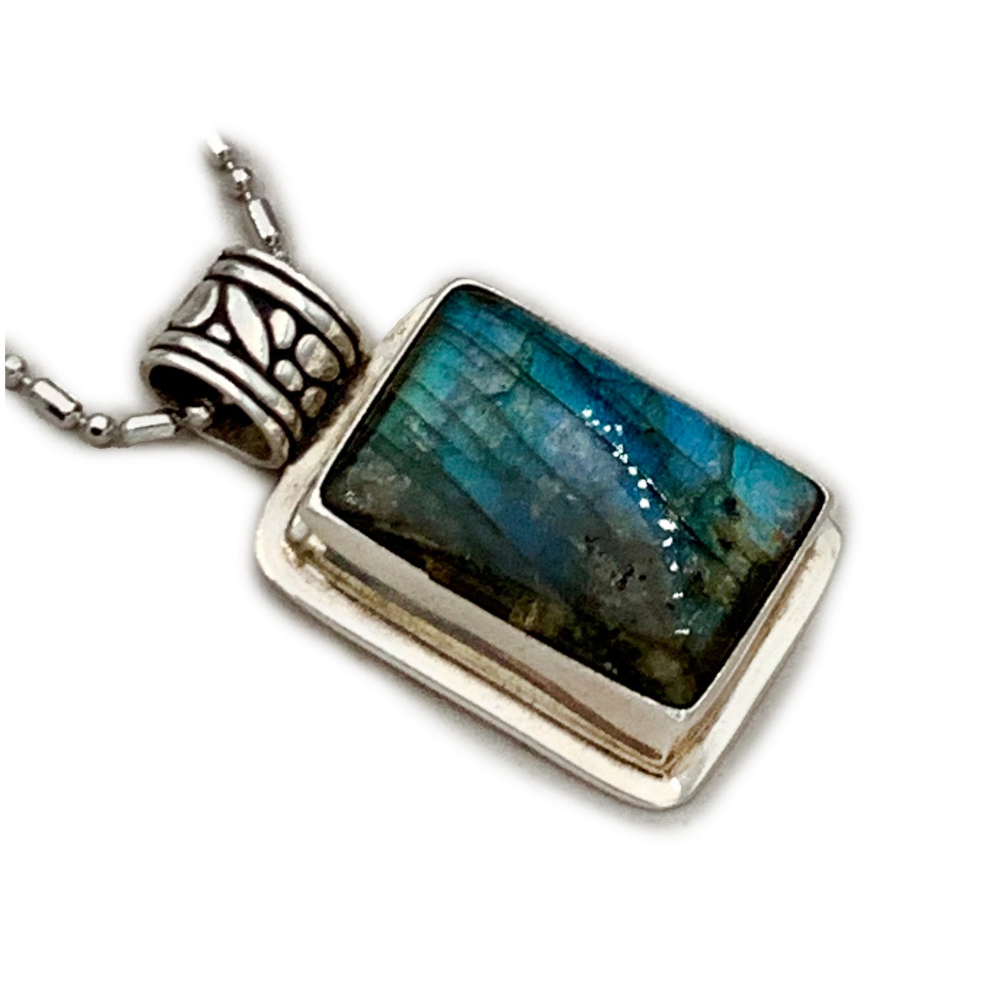 Handmade Luminous Blue Labradorite Rectangular Cabochon Pendant Necklace