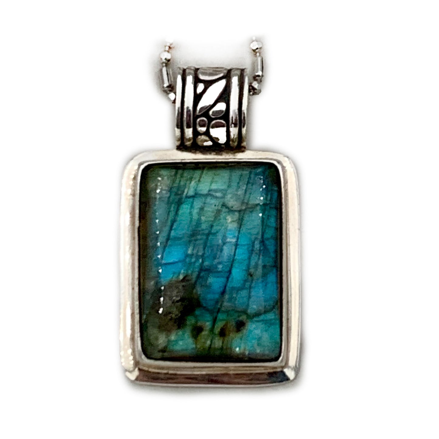 Handmade Luminous Blue Labradorite Rectangular Cabochon Pendant Necklace