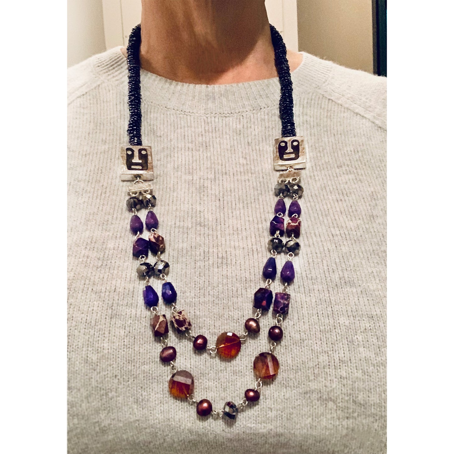 Handcrafted 30" Amber and Purple Jasper and Pearl Beaded Tribal Mask Necklace