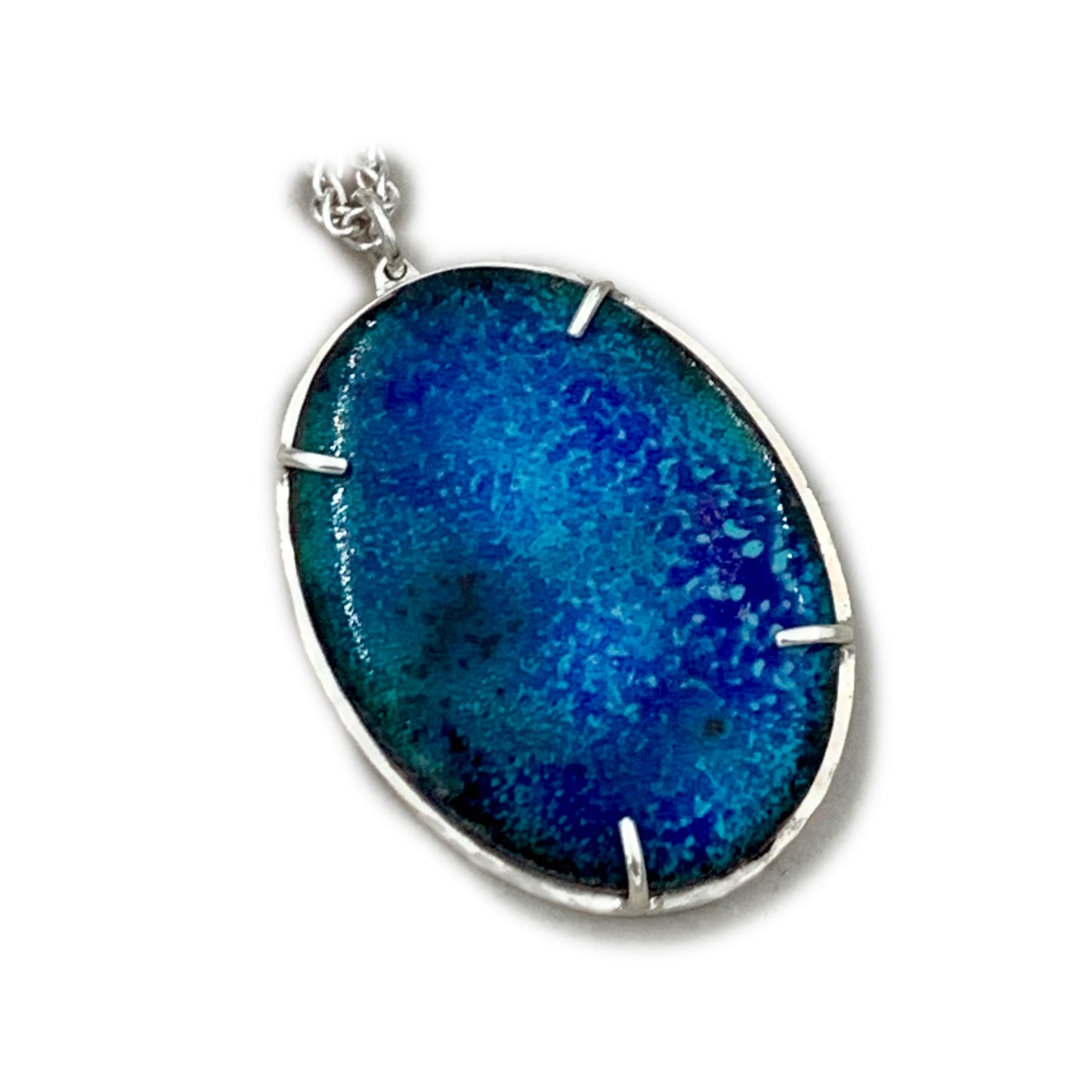 Speckled Blue Crackle Enamel Pendant Necklace set in Solid Sterling Silver