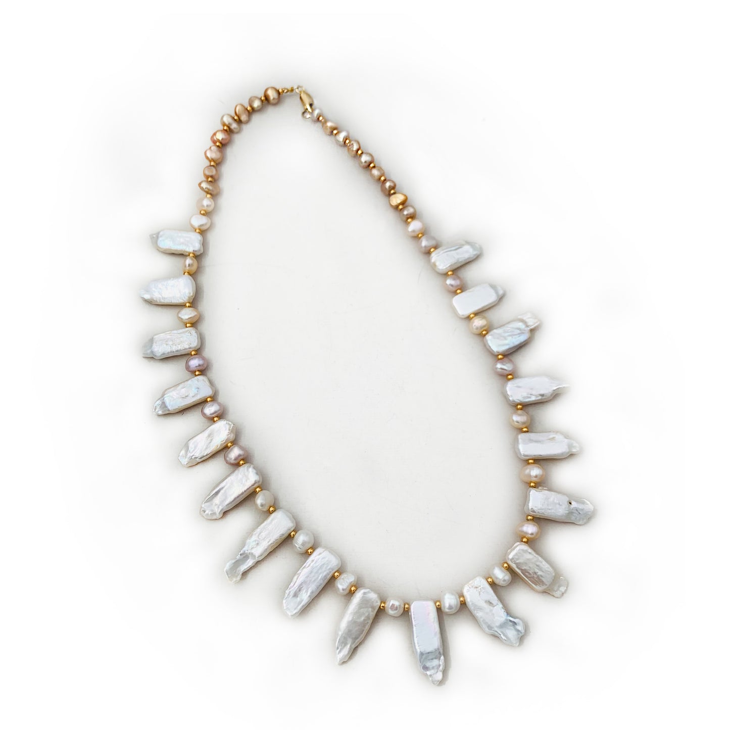 Handcrafted White and Peach Baroque Freshwater Pearl Necklace with Gold Filled Clasp