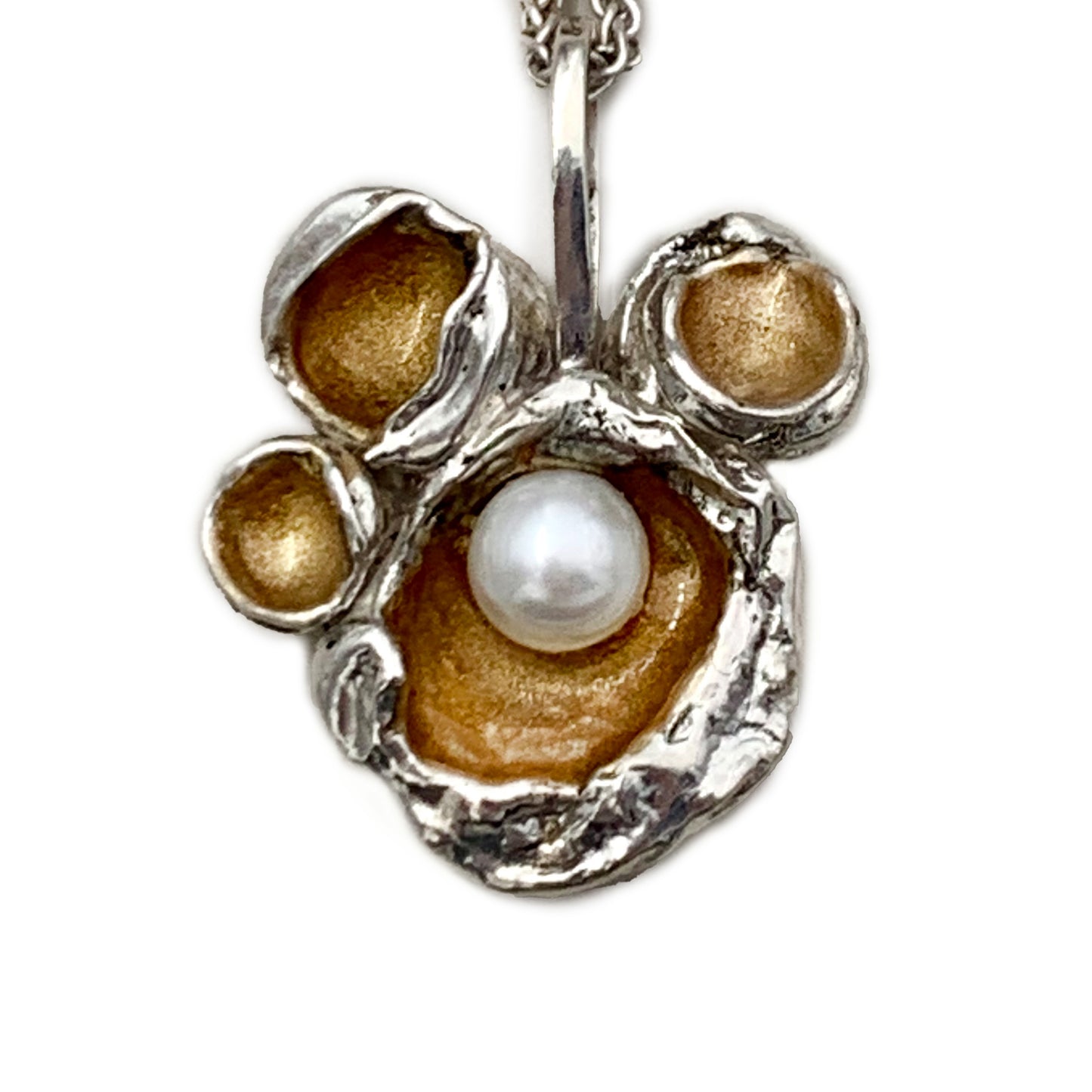 Elegant Water Cast Sterling Silver and White Pearl Pendant Necklace
