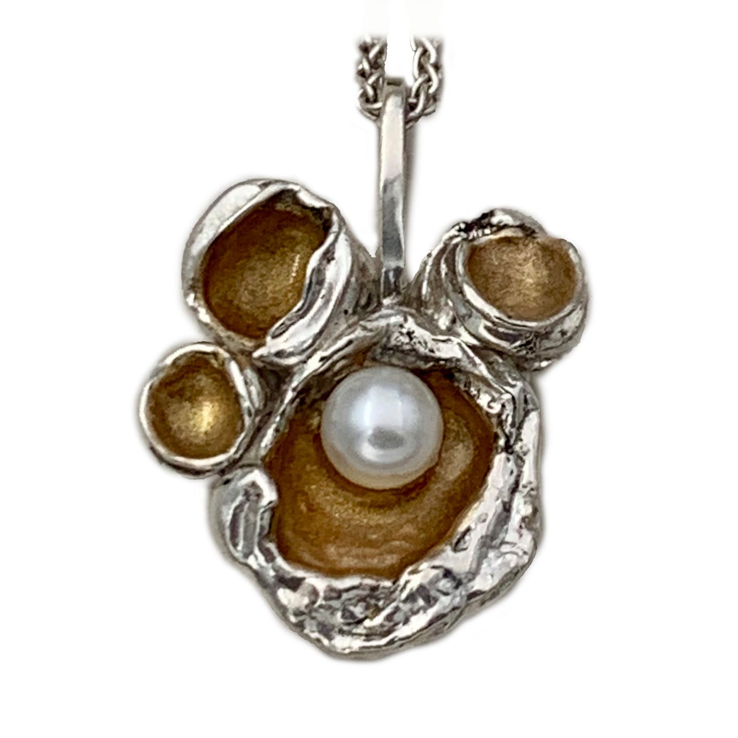 Elegant Water Cast Sterling Silver and White Pearl Pendant Necklace