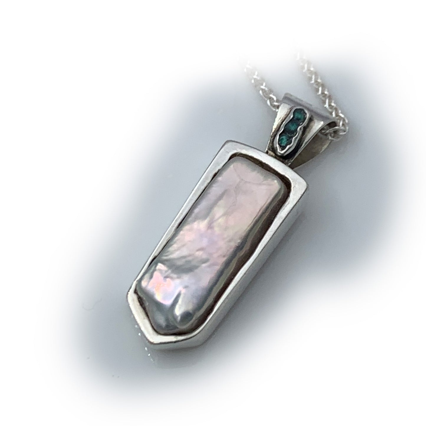 Handcrafted White Baroque Pearl and Rough Blue Diamonds,  Pendant Necklace