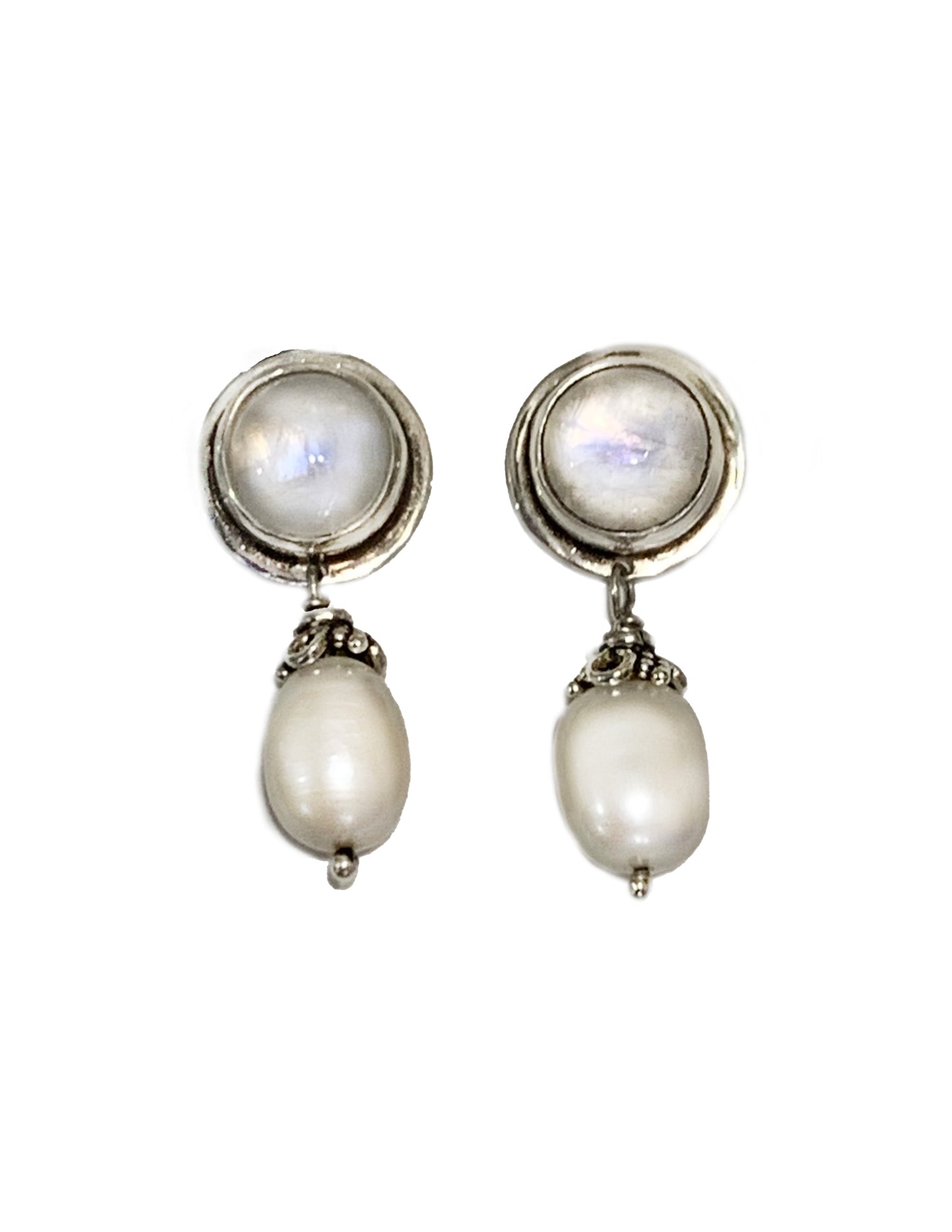 Sterling Silver Rainbow Moonstone Earrings with Baroque White Pearls