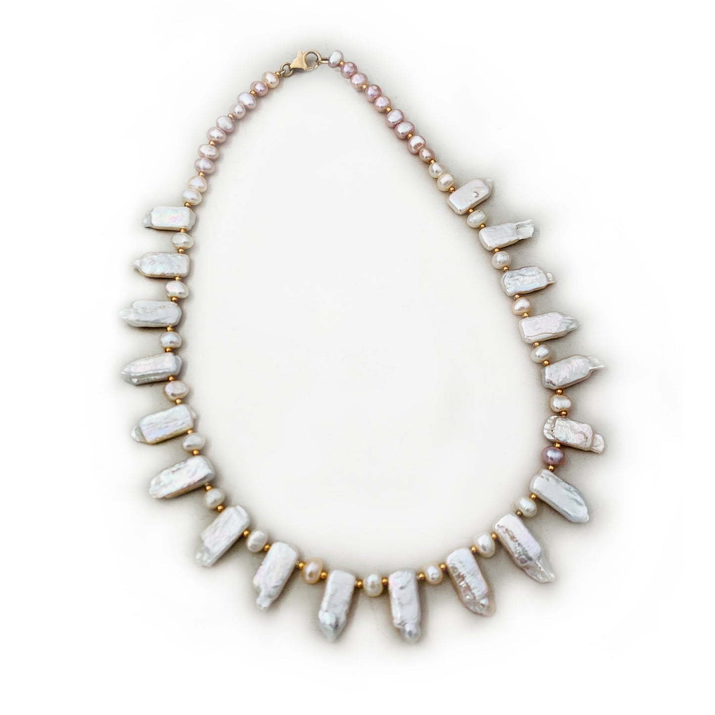 Handcrafted White and Peach Baroque Freshwater Pearl Necklace with Gold Filled Clasp