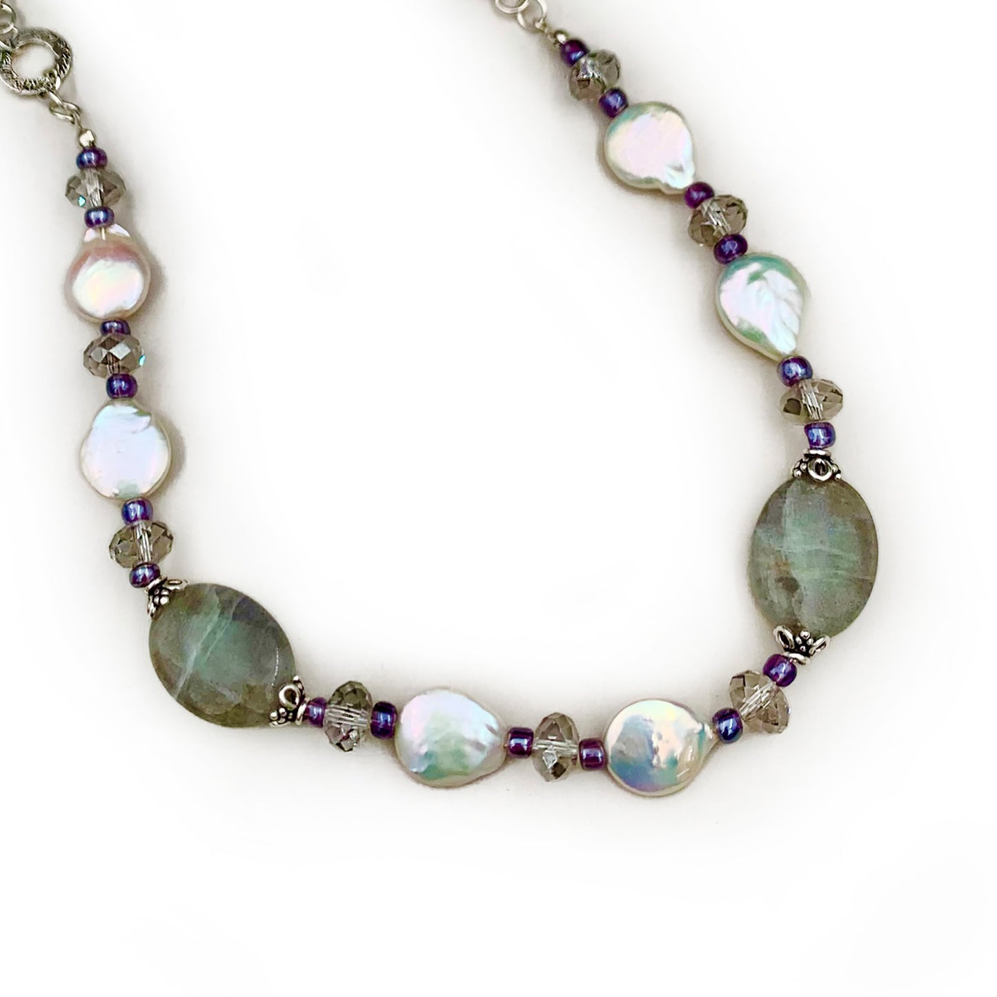 Handcrafted Sterling Silver Necklace with Labradorite and White Pearls