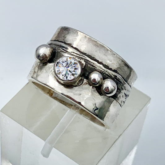 Hammered Statement Ring with 5mm Moissanite Sterling Silver,  Wide Band