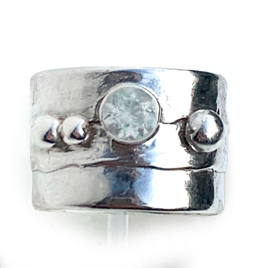 Hammered Statement Ring with 5mm Aquamarine - Sterling Silver,  Wide Band
