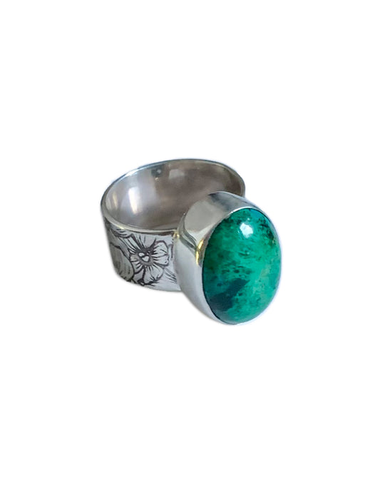 Bezel Set Malachite Ring with Floral Designed Band