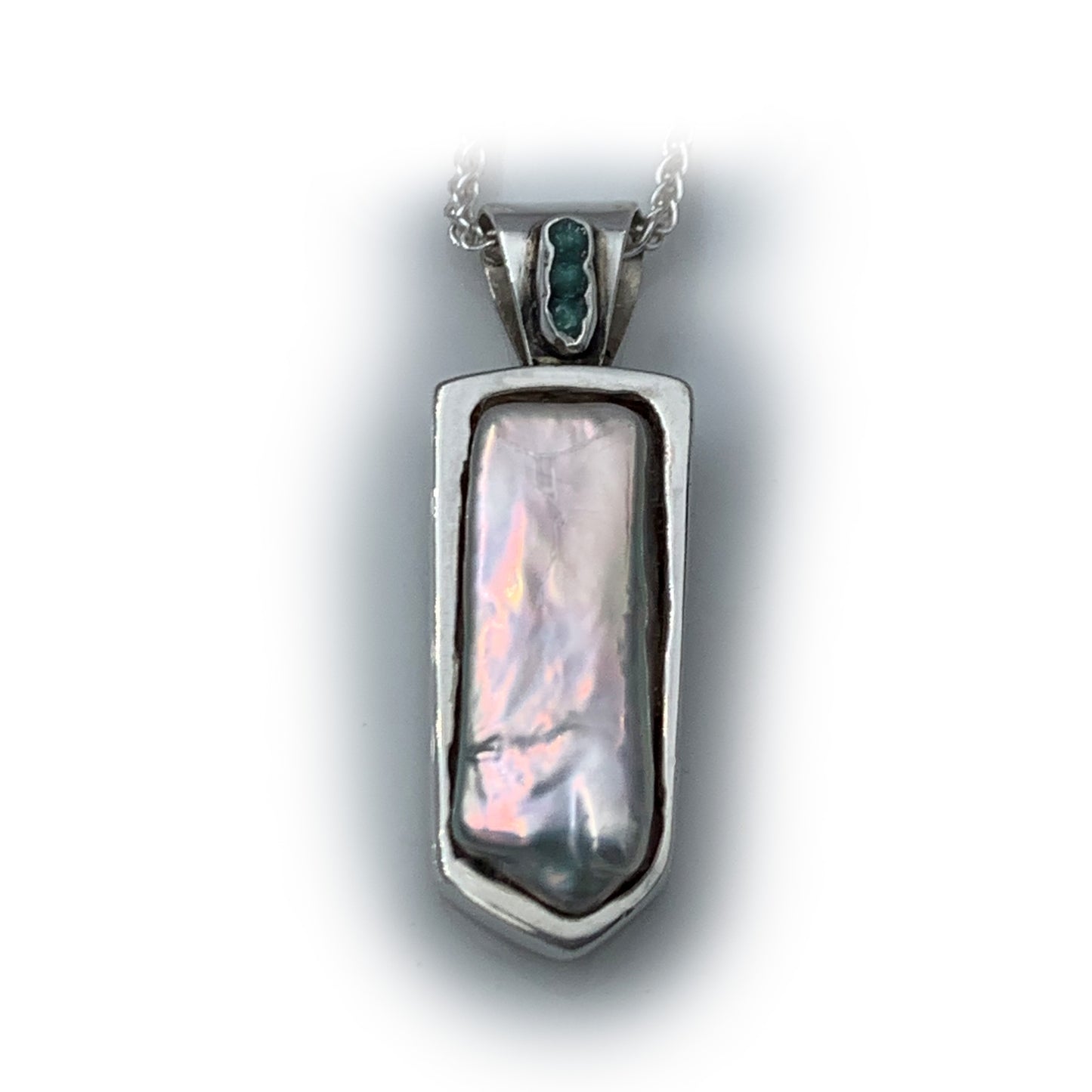 Handcrafted White Baroque Pearl and Rough Blue Diamonds,  Pendant Necklace