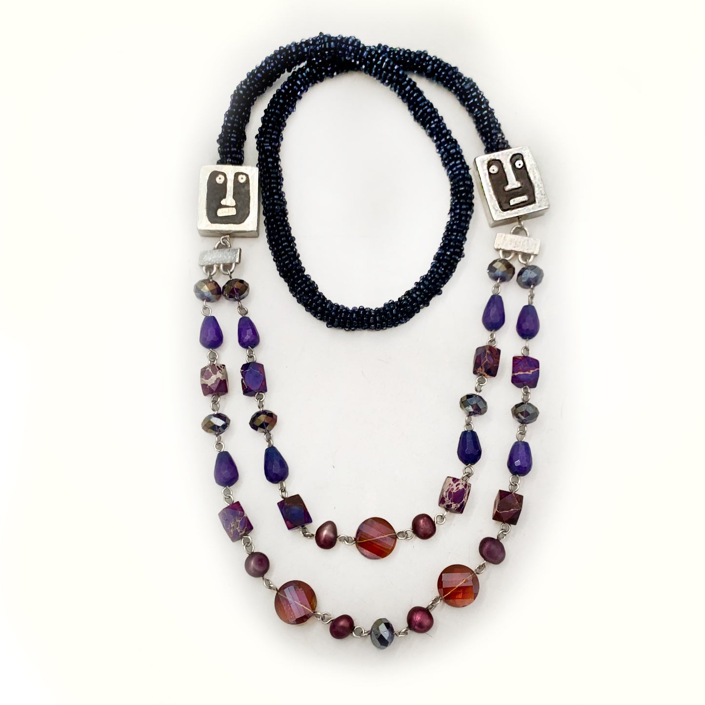 Handcrafted 30" Amber and Purple Jasper and Pearl Beaded Tribal Mask Necklace