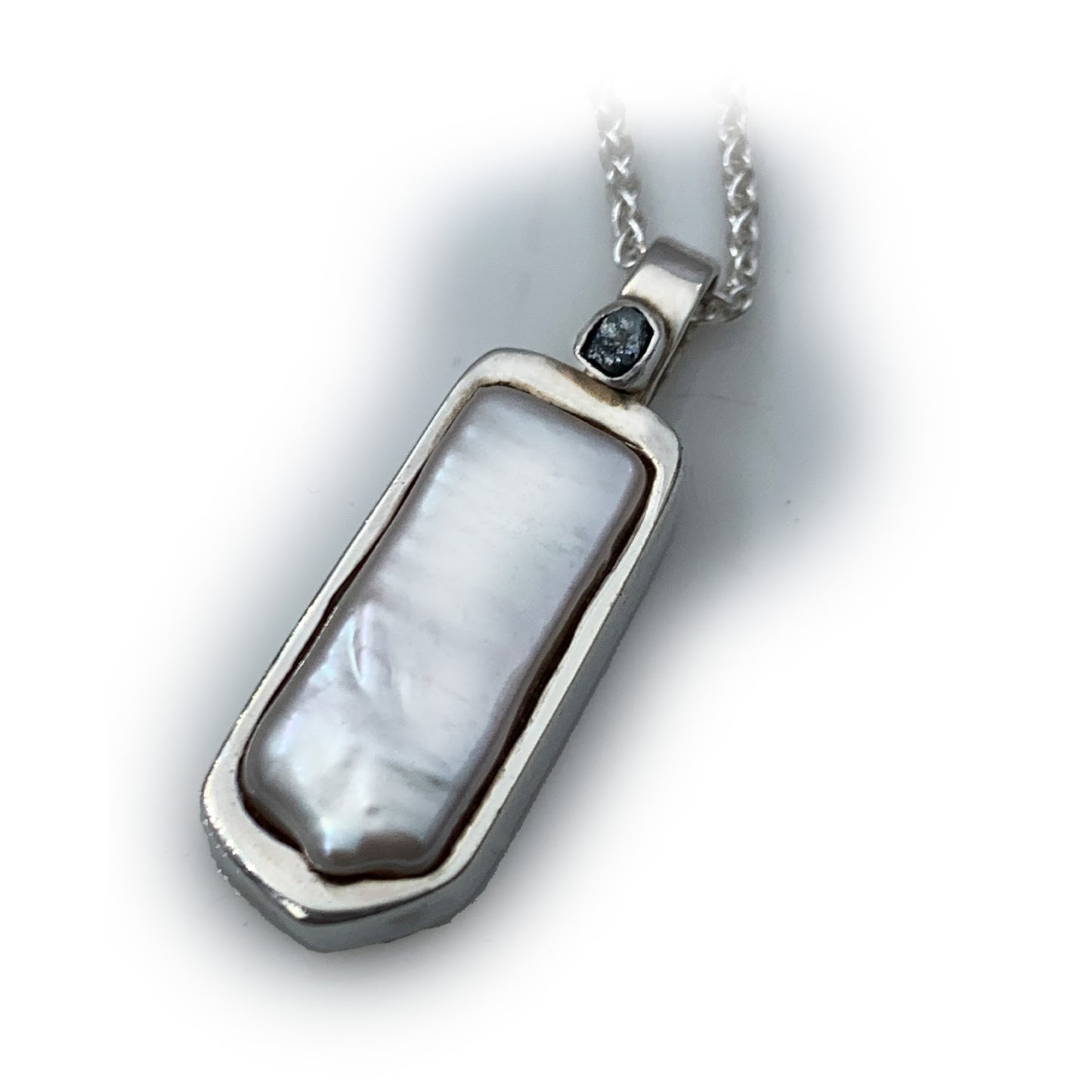Handcrafted White Baroque Pearl and Rough Salt & Pepper Grey Diamond Pendant