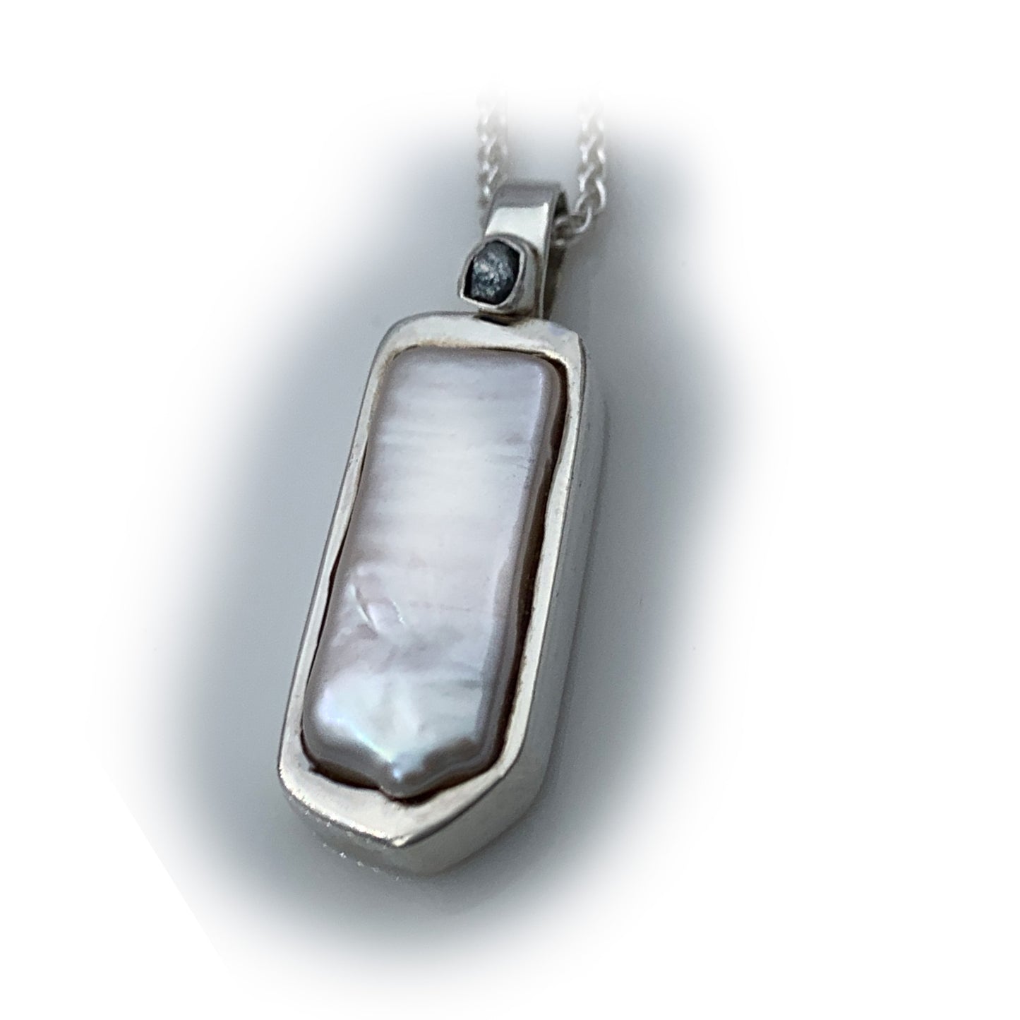 Handcrafted White Baroque Pearl and Rough Salt & Pepper Grey Diamond Pendant
