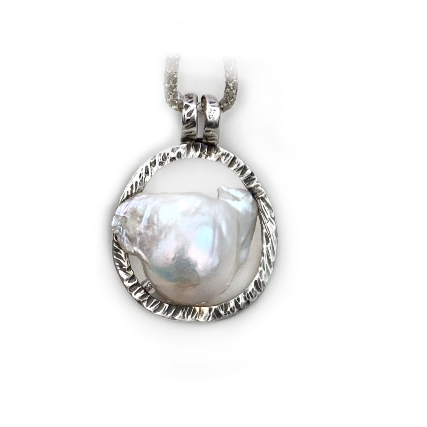 Handcrafted Sterling Silver Pendant Necklace featuring large White Baroque Pearl