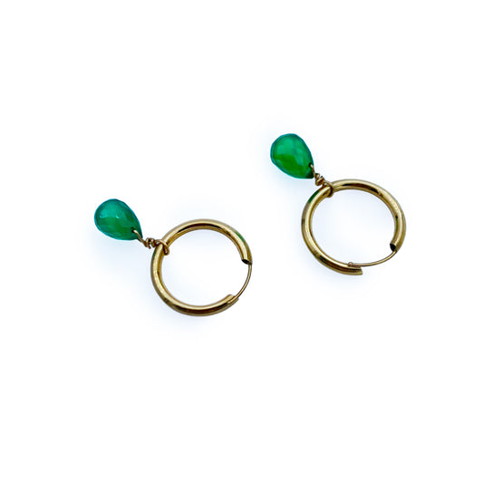 10k Solid Gold Hoop Earrings with Green Chalcedony Drops