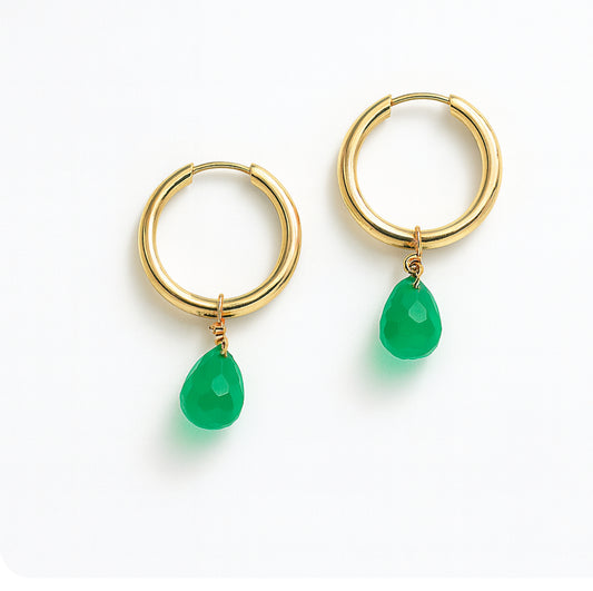 10k Solid Gold Hoop Earrings with Green Chalcedony Drops