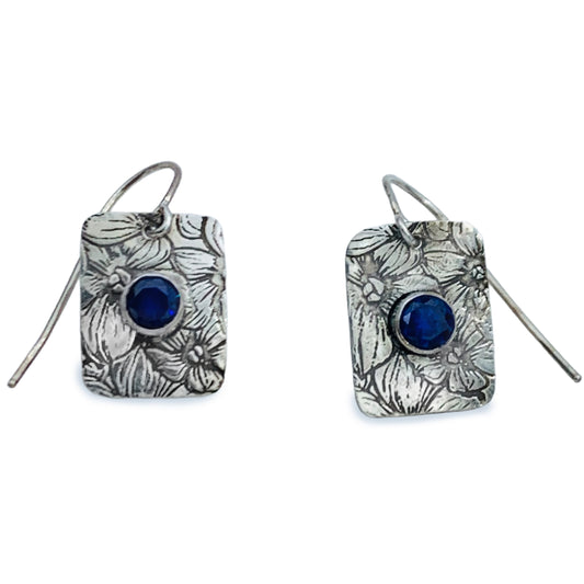 Floral Pattern Sterling Silver Earrings with 5mm Sapphire Blue CZ