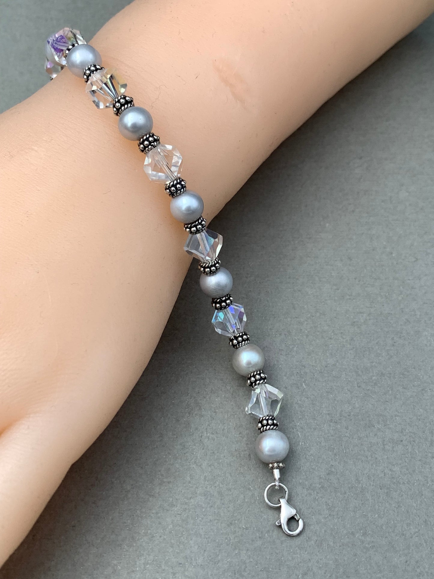 Silver pearl and abs crystal bracelet - handcrafted with genuine .925 Bali spacer beads