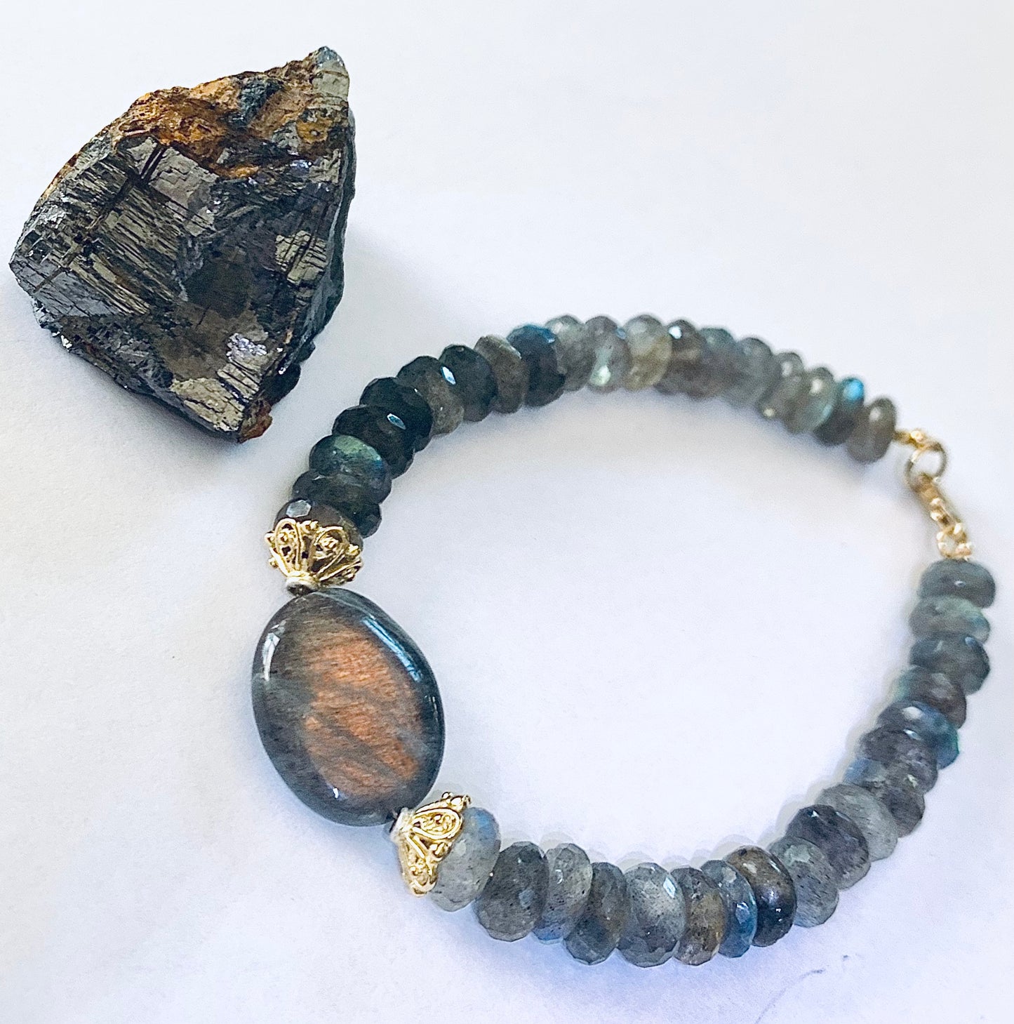 Shimmering blue flash labradorite bracelet with gold filled spacer beads - handmade in Canada