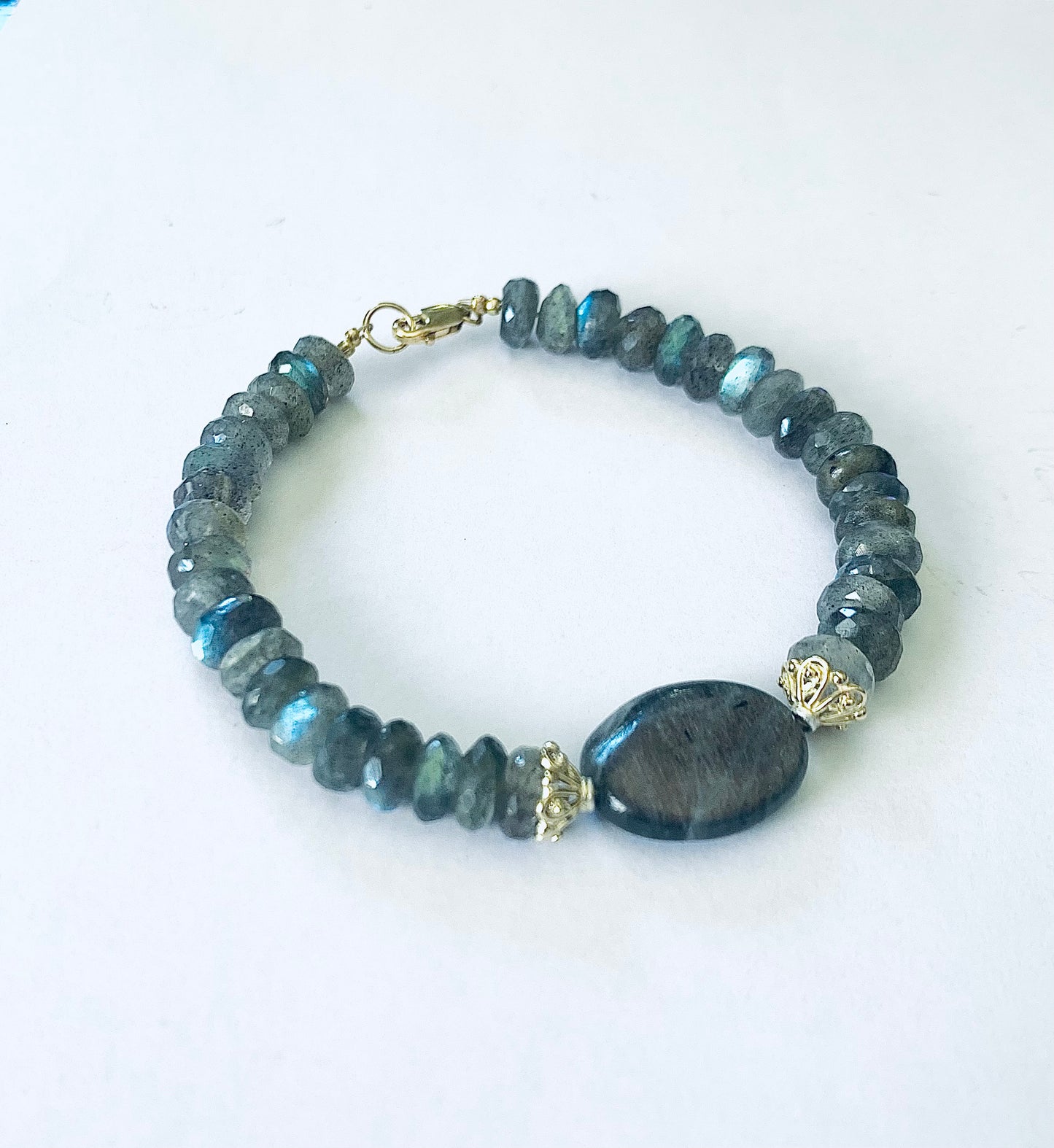 Shimmering blue flash labradorite bracelet with gold filled spacer beads - handmade in Canada