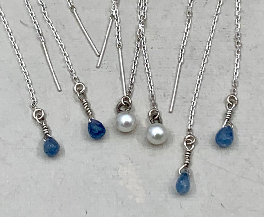 Sterling Silver Threader Earrings With Genuine Sapphire or Pearl