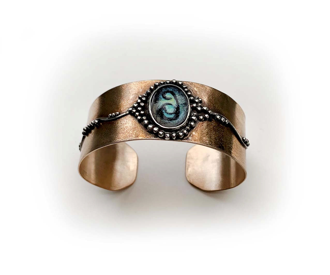 Handcrafted Bronze Cuff with Turquoise Enamel Accent – Rustic & Artistic