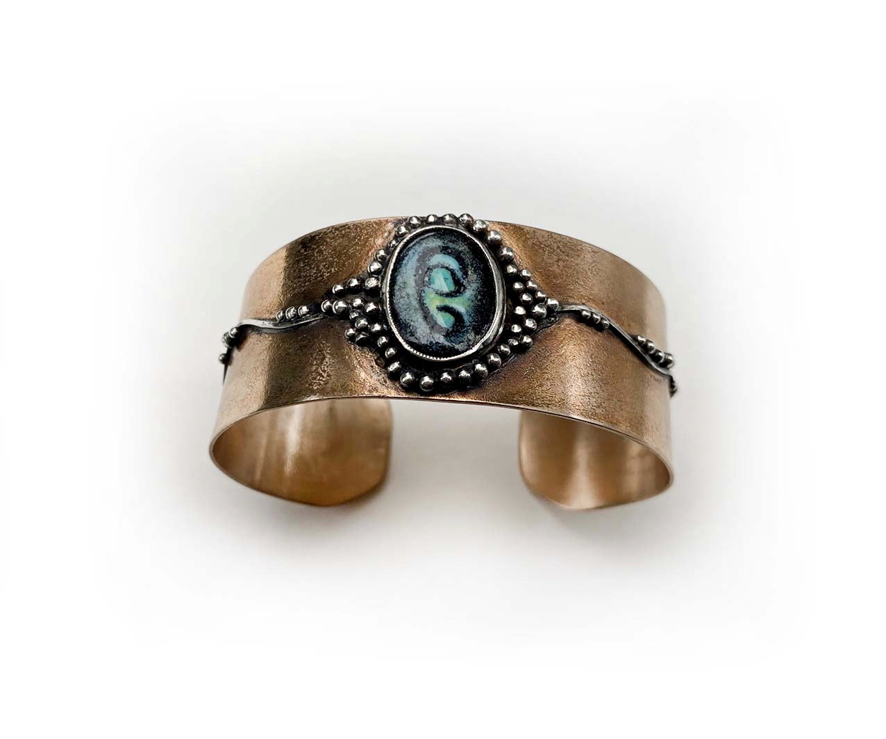 Handcrafted Bronze Cuff with Turquoise Enamel Accent – Rustic & Artistic