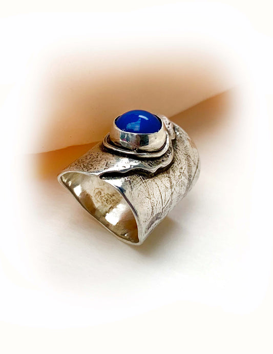 Boho Design Blue Chalcedony Statement Ring With Organic Texture Sterling Silver