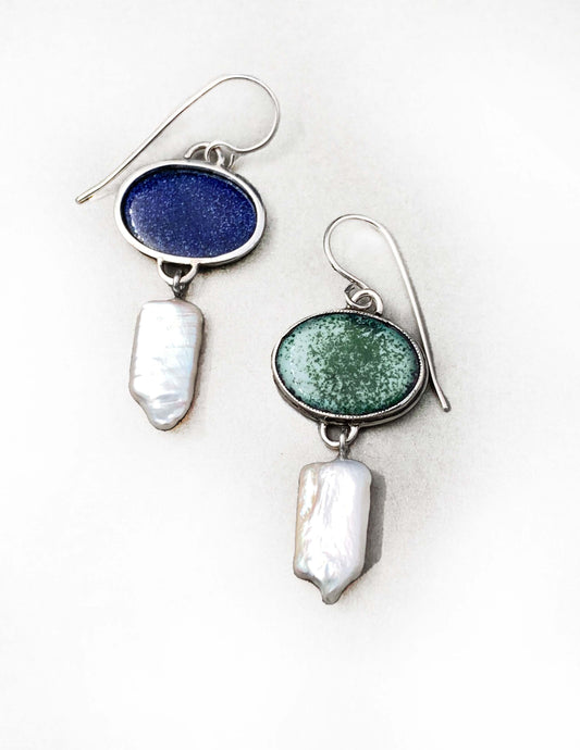 Lichen Earrings - Sterling Silver and Green Enamel with Pearl Drops