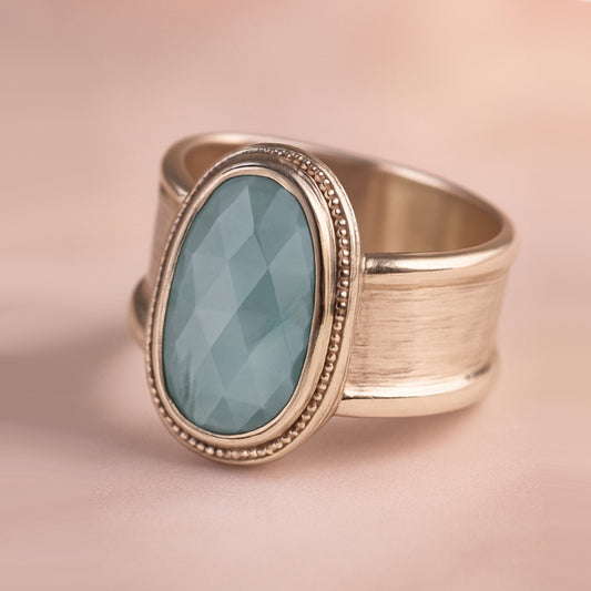 Contemporaryl Sterling Silver Ring with Large Rose Cut Aquamarine Gemstone