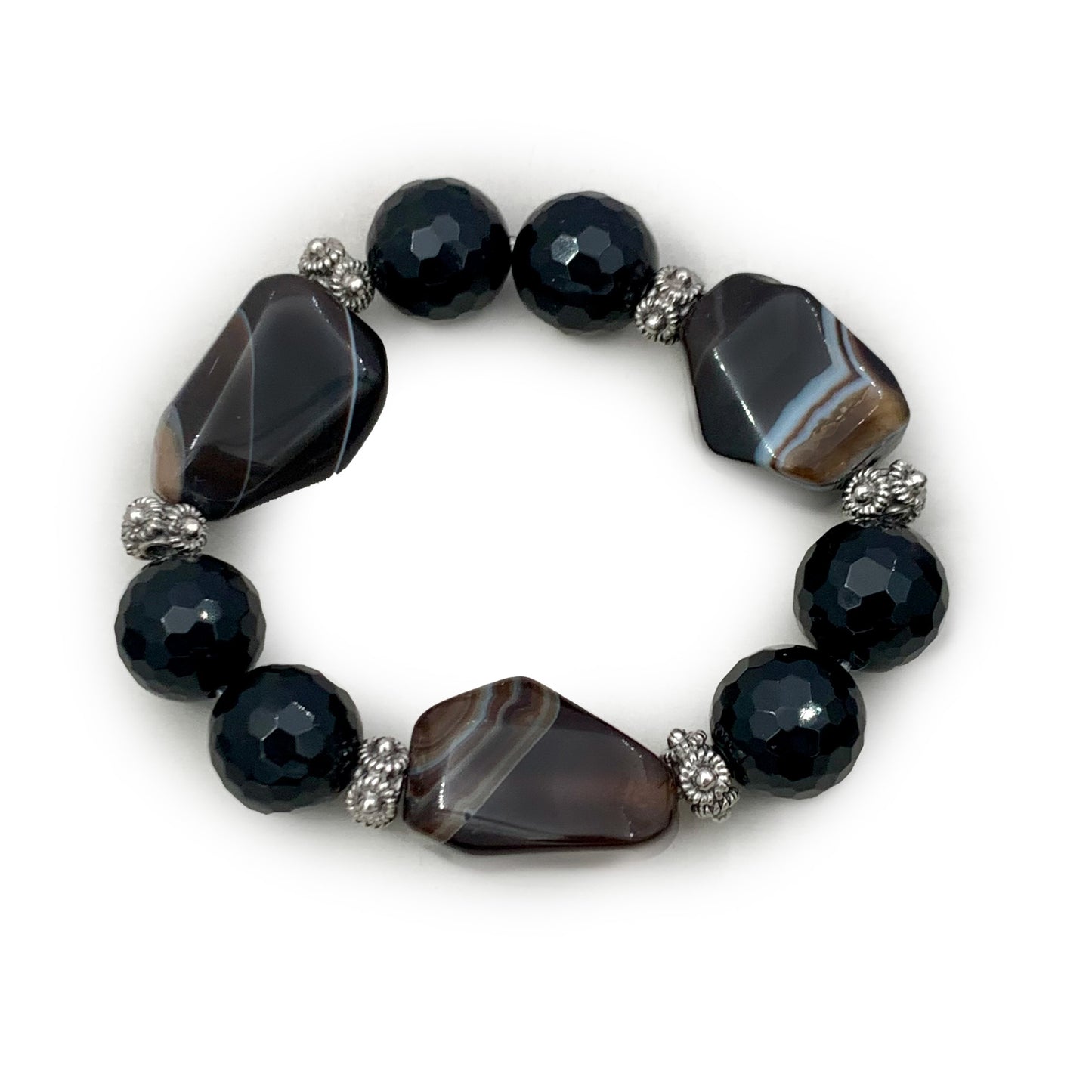 Handcrafted Black Agate & Onyx Bracelet with Sterling Silver Accents