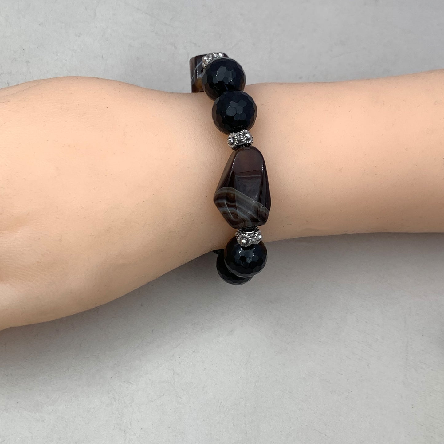 Handcrafted Black Agate & Onyx Bracelet with Sterling Silver Accents