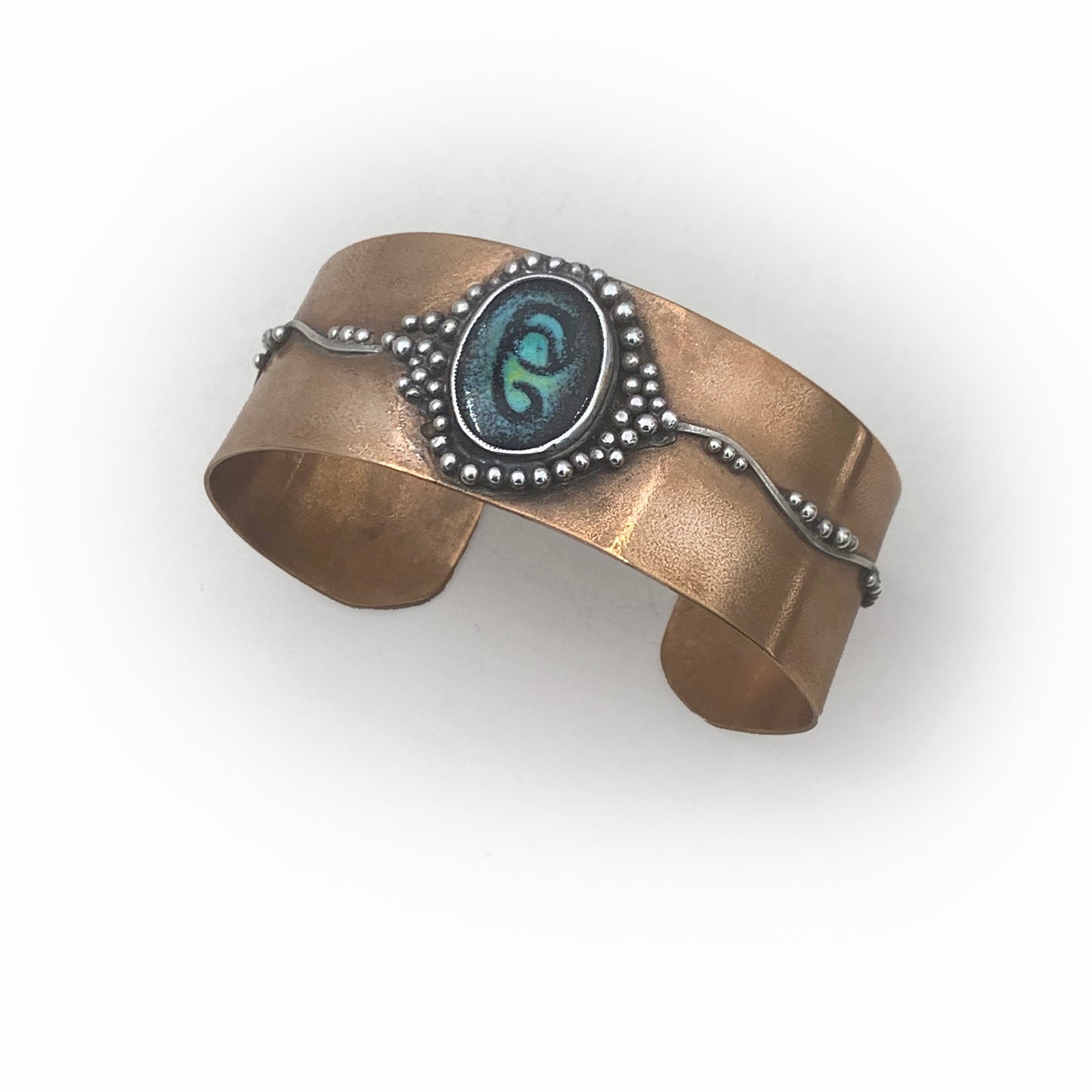 Handcrafted Bronze Cuff with Turquoise Enamel Accent – Rustic & Artistic