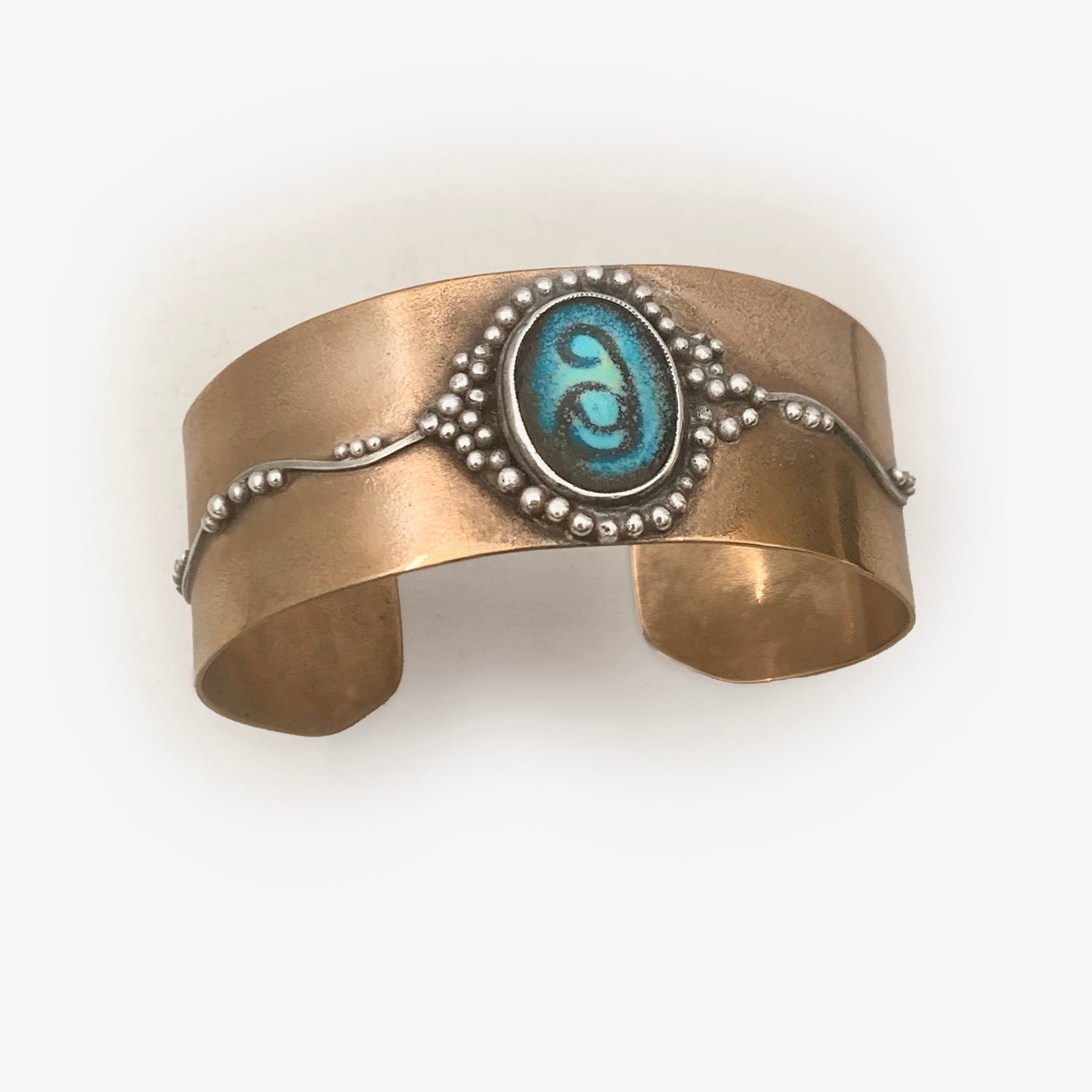 Handcrafted Bronze Cuff with Turquoise Enamel Accent – Rustic & Artistic