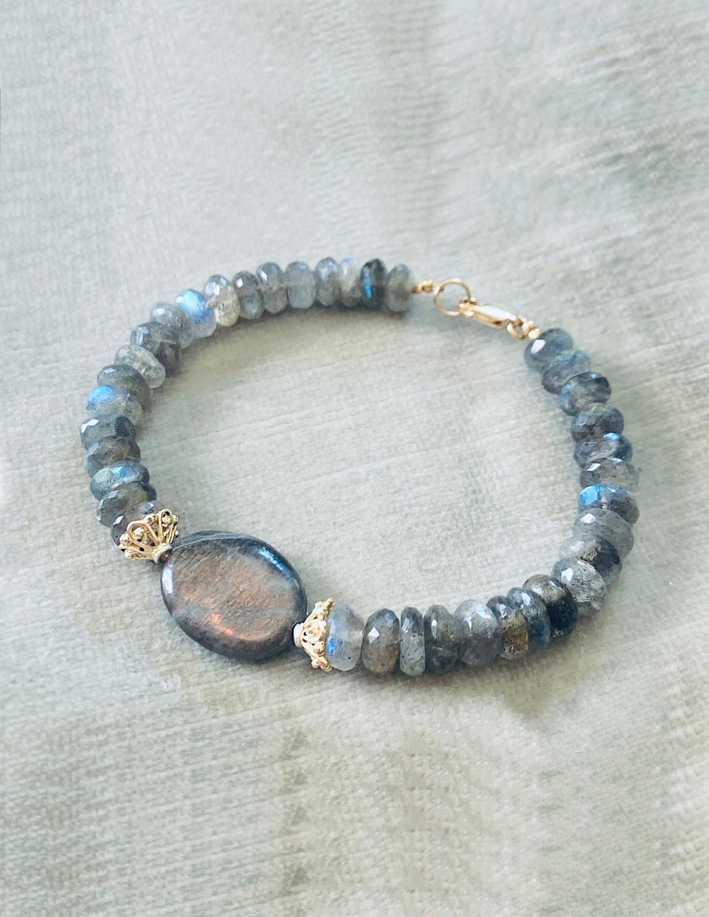 Shimmering blue flash labradorite bracelet with gold filled spacer beads - handmade in Canada