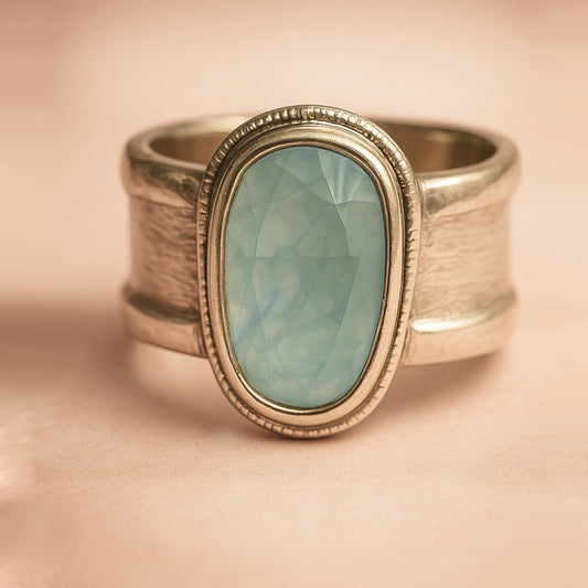 Contemporaryl Sterling Silver Ring with Large Rose Cut Aquamarine Gemstone