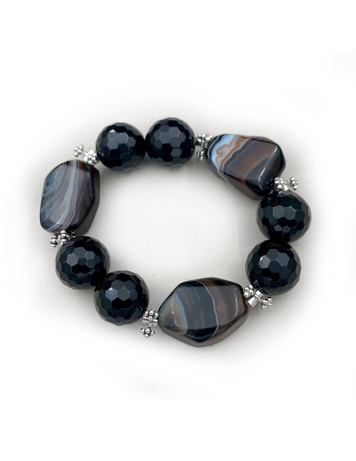 Handcrafted Black Agate & Onyx Bracelet with Sterling Silver Accents